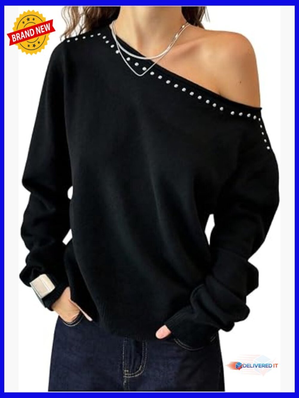 Off Shoulder Sweater Grunge Long Sleeve Rivet Studded Punk Pullover Top